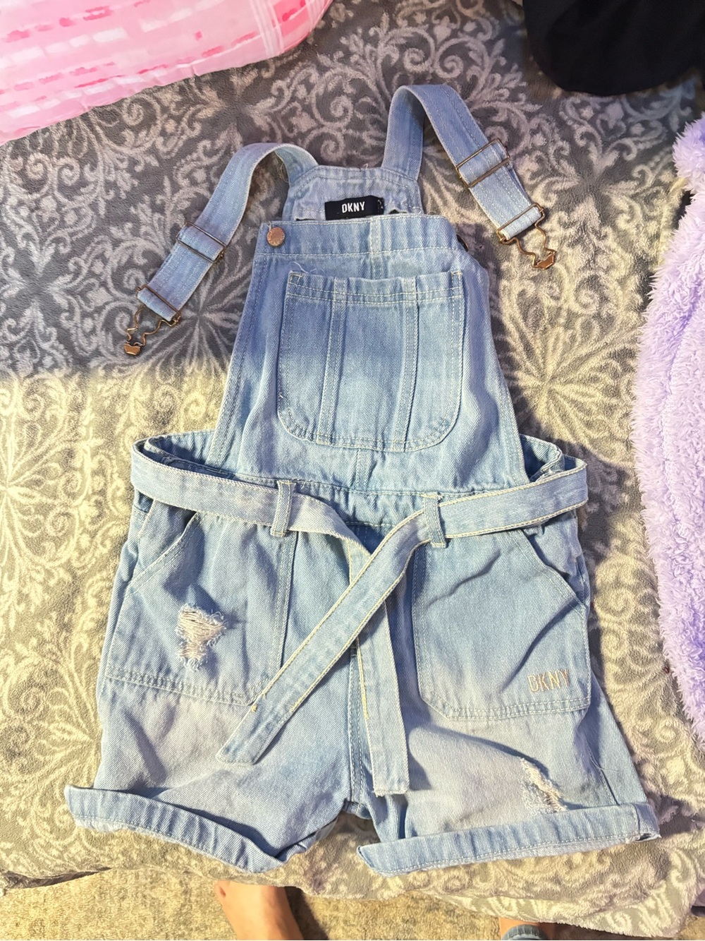 DKNY Light Blue Denim Short Overalls with Tie Waist